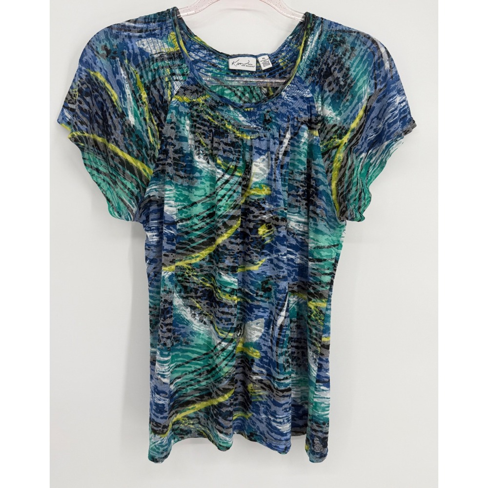 Kim Rogers Petite Abstract Print Smocked Neck Short Sleeve Knit Top Blue Sz L